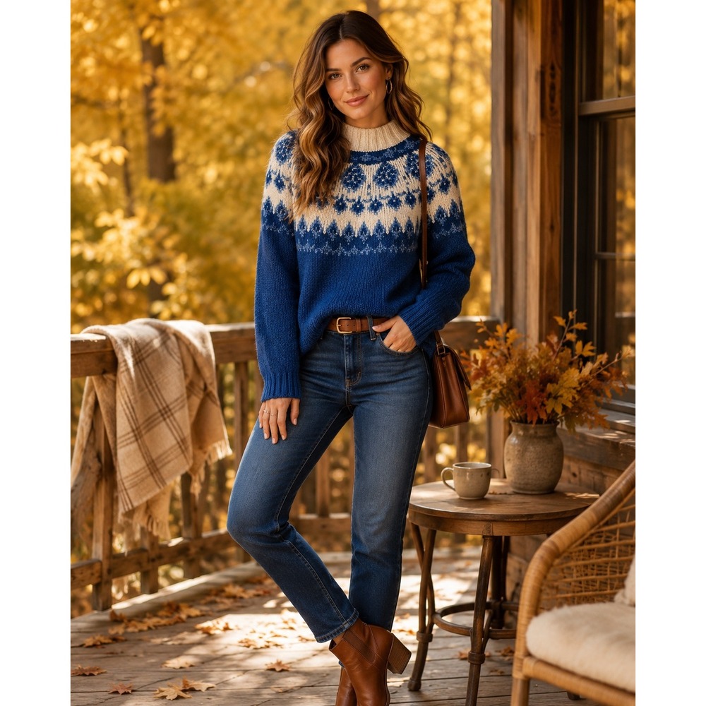 J. Jill Fair Isle Sweater Women's Medium Blue Mock Neck Nordic Cotton Apres Ski